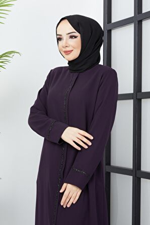 Büyük Beden Taş İşleme Detaylı Mürdüm Ferace 